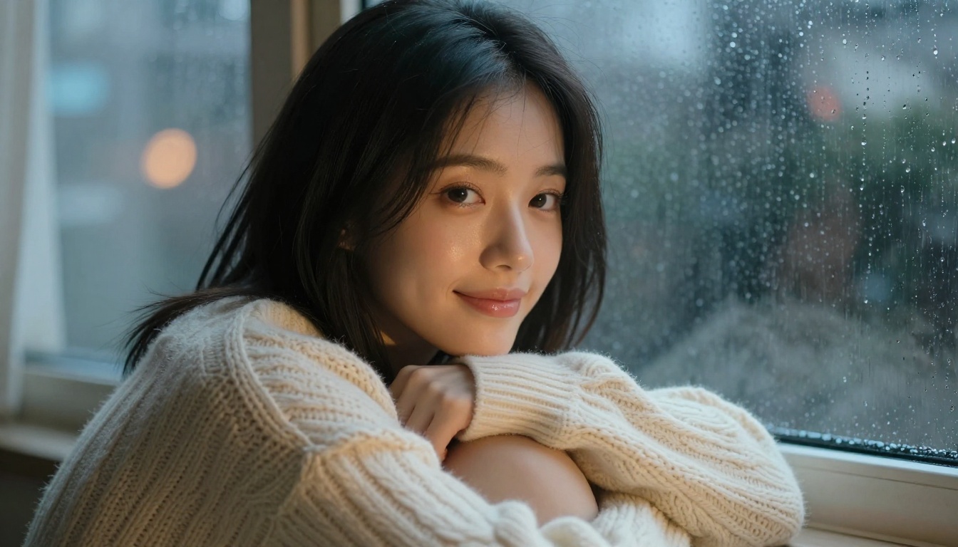 Beautiful Asian woman at a rainy window wrapped in a cozy cream sweater, warm tender expression