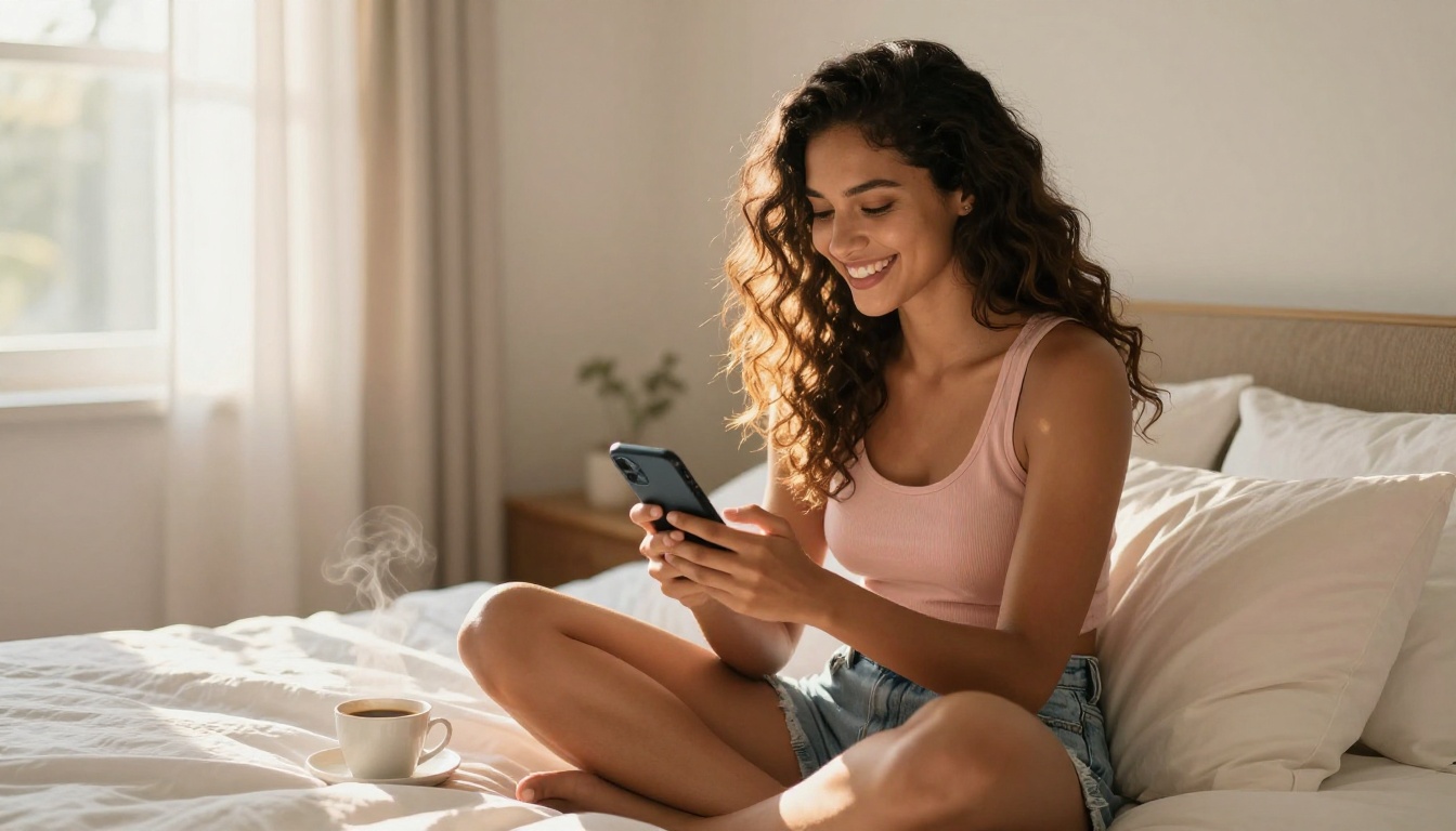 Latina woman happily chatting on her phone in a sunny bedroom on a bright morning