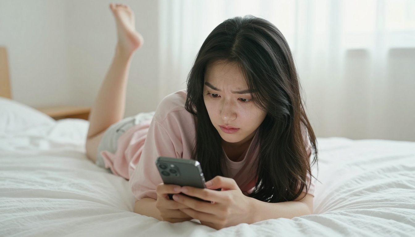 Woman scrolling through AI companion app on her phone in a bright minimalist bedroom
