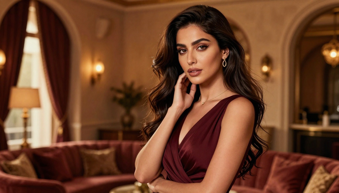 Glamorous Middle Eastern woman in an elegant burgundy dress standing confidently in a warmly lit luxurious lounge