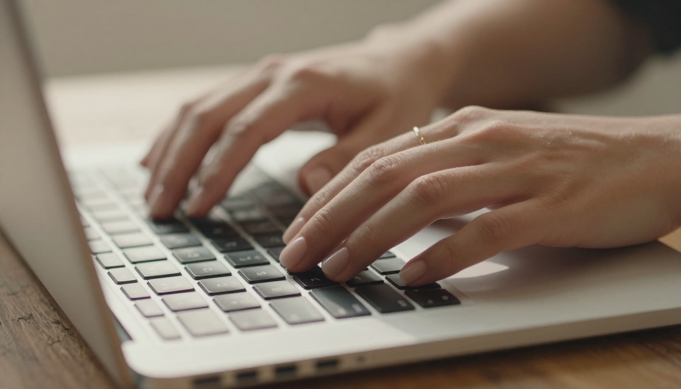 Close-up of feminine hands typing on a slim laptop keyboard with warm ambient lighting