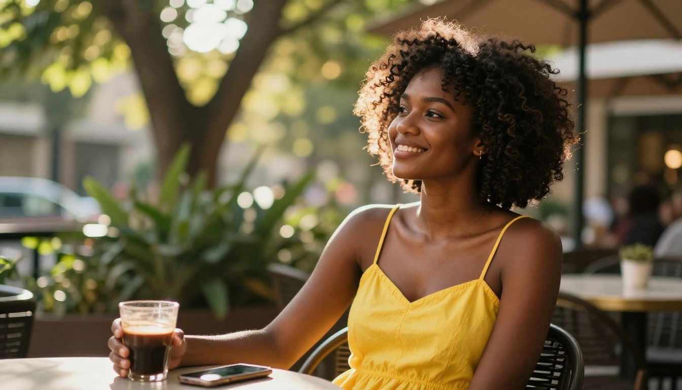 Radiant African woman with natural coiled hair in a yellow dress sitting confidently at an outdoor café