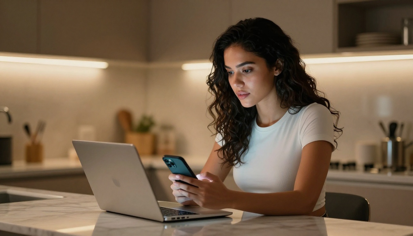 Latina woman comparing two apps on her phone and laptop with a thoughtful expression in a modern kitchen