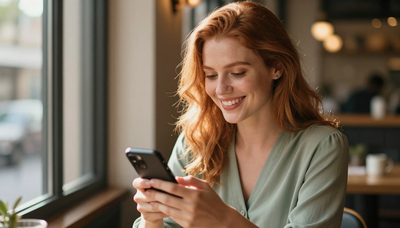 Beautiful European woman smiling warmly at her smartphone in a sunlit café booth with warm golden bokeh