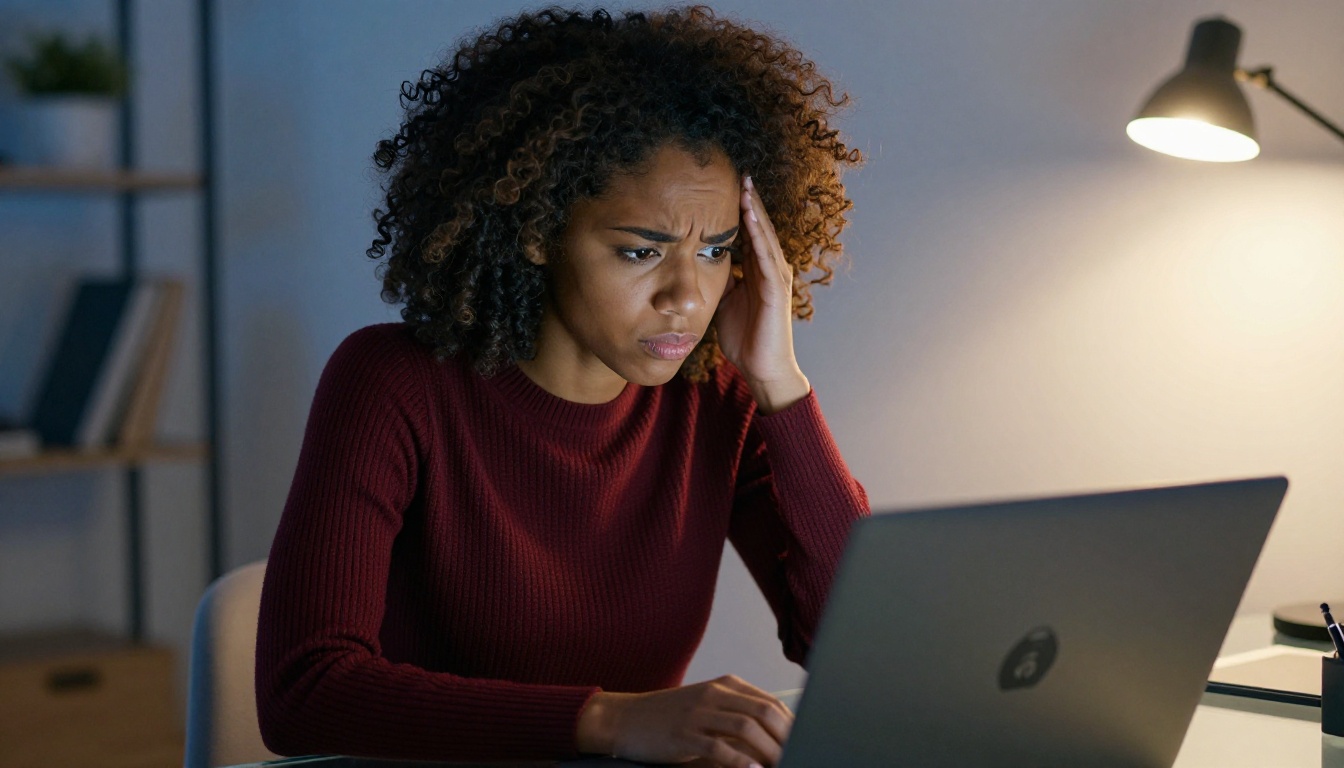 Frustrated Black woman with natural curly hair staring at a locked premium content screen on her laptop