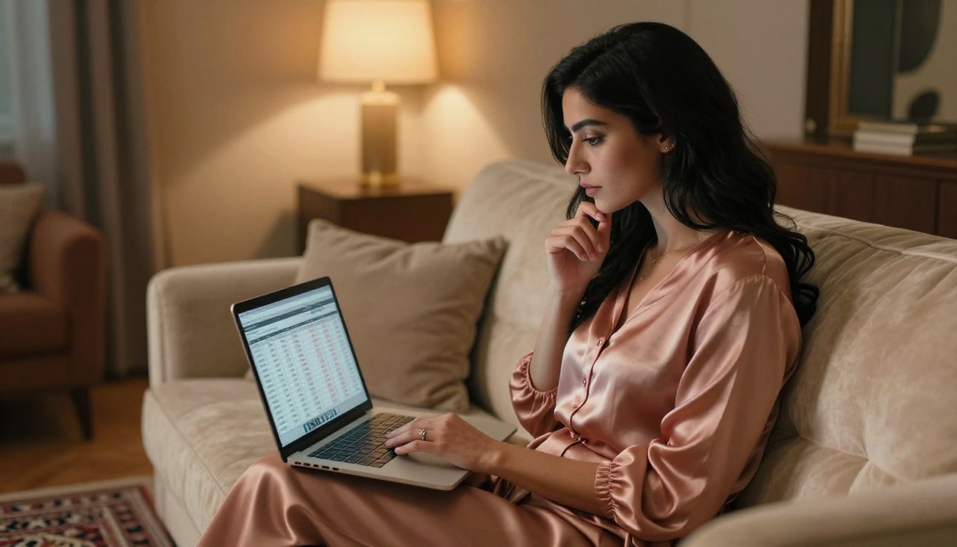 Elegant Middle Eastern woman sitting on a cream velvet sofa reviewing a pricing comparison on a laptop