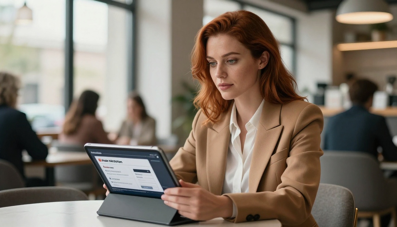 Woman with auburn hair comparing subscription plans side by side on a tablet at a modern café