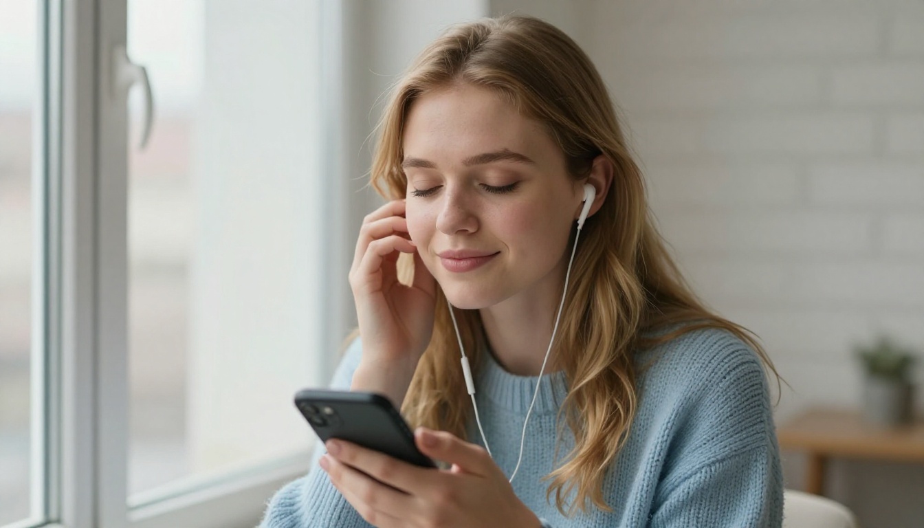 Woman with honey-blonde hair and earbuds, eyes closed, listening to a voice message with a blissful peaceful expression
