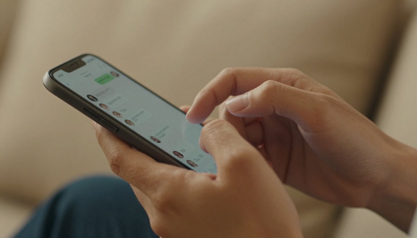 Woman's hands holding a smartphone showing a chat interface, slight tension in grip suggesting mild frustration Woman's hands holding a smartphone showing a chat interface, slight tension in grip suggesting mild frustration