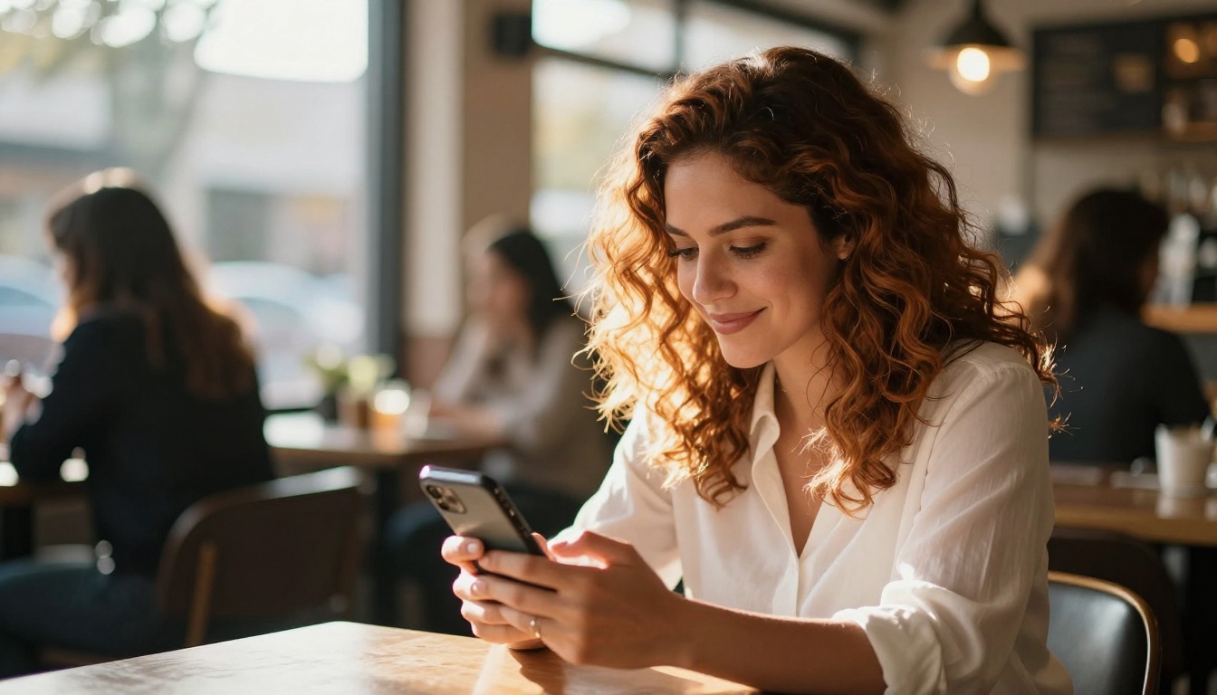 Woman at café with phone, warm sunlight