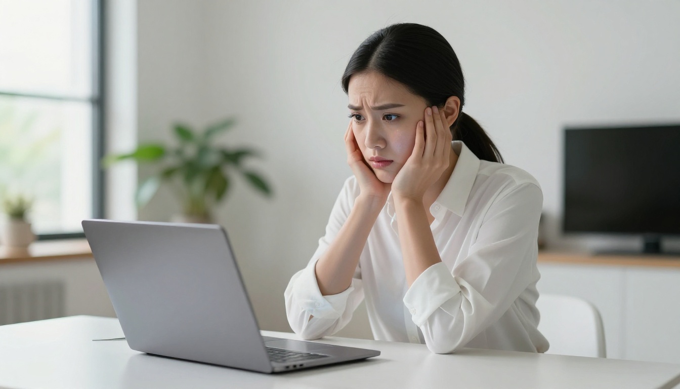 Beautiful Asian woman sitting at a white desk staring at her laptop with a confused and disappointed expression Beautiful Asian woman sitting at a white desk staring at her laptop with a confused and disappointed expression