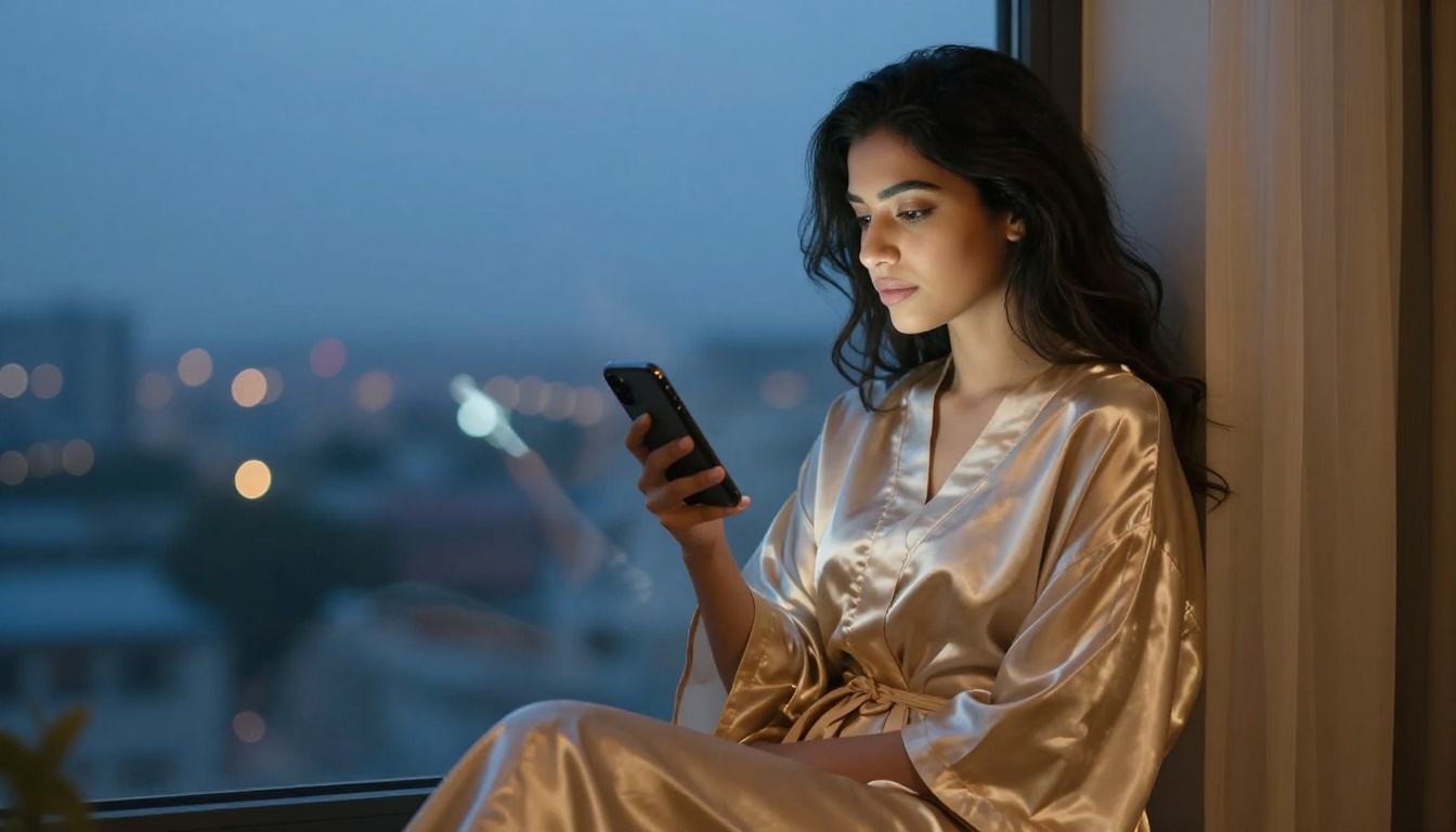 Middle Eastern woman with phone by window at dusk