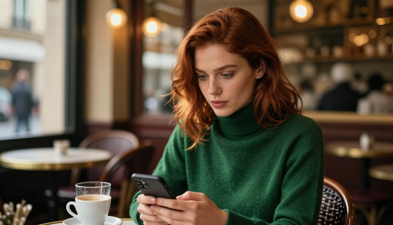 European woman with auburn hair at a Parisian cafe, scrolling through an app on her phone with a thoughtful evaluating expression European woman with auburn hair at a Parisian cafe, scrolling through an app on her phone with a thoughtful evaluating expression