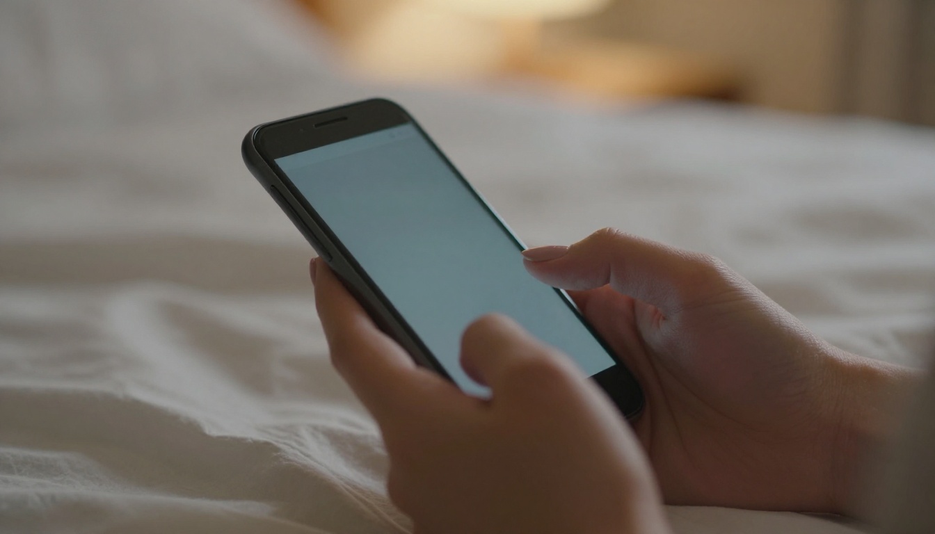 Woman's hand holding phone in cozy bedroom