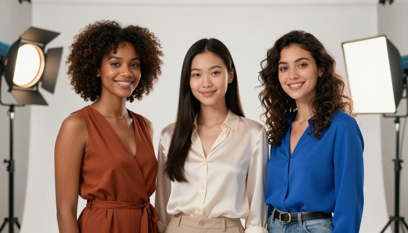 Diverse group of three beautiful women of different ethnic backgrounds standing confidently in a photography studio Diverse group of three beautiful women of different ethnic backgrounds standing confidently in a photography studio