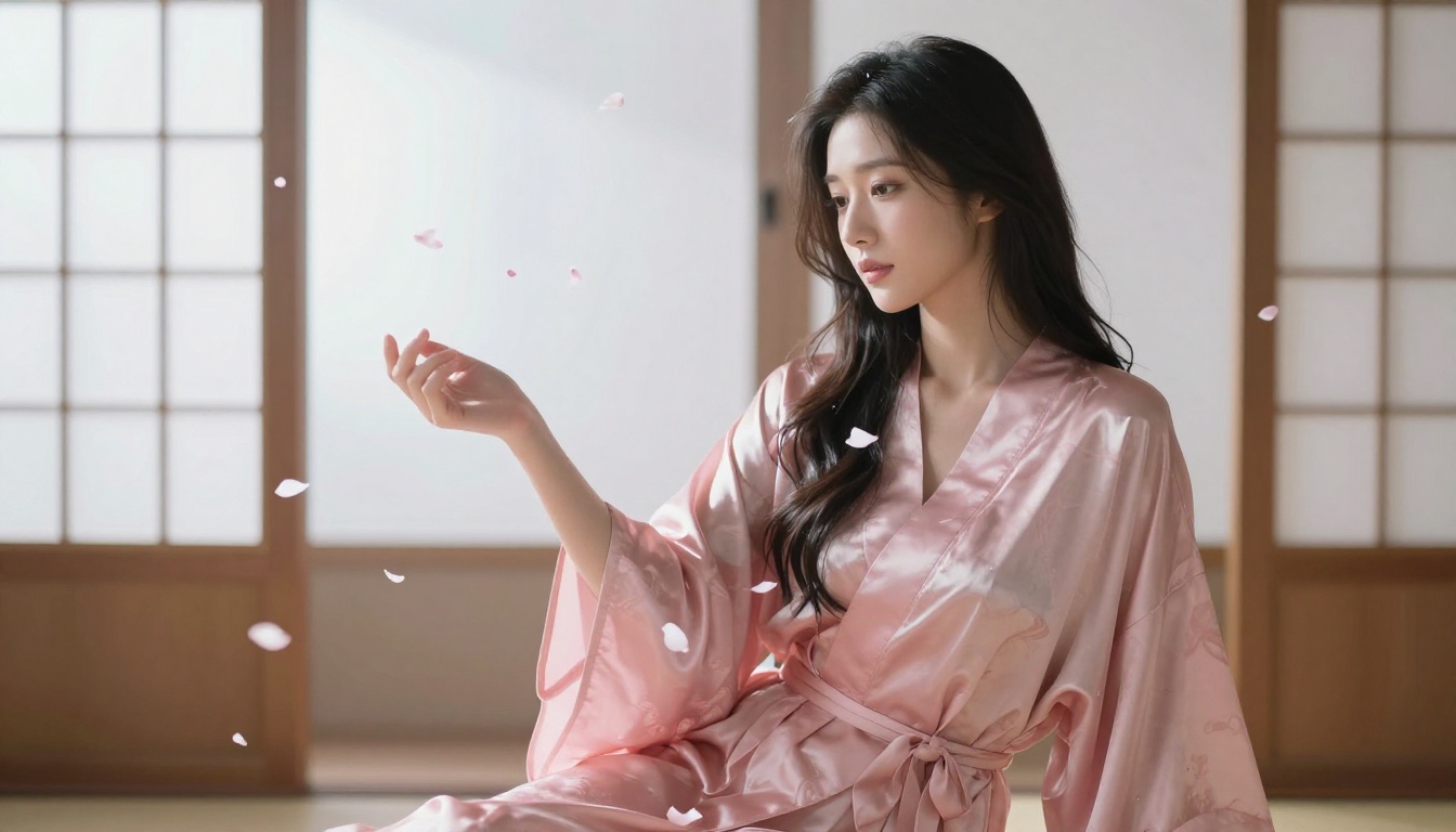 Japanese woman with cherry blossoms in pink silk robe