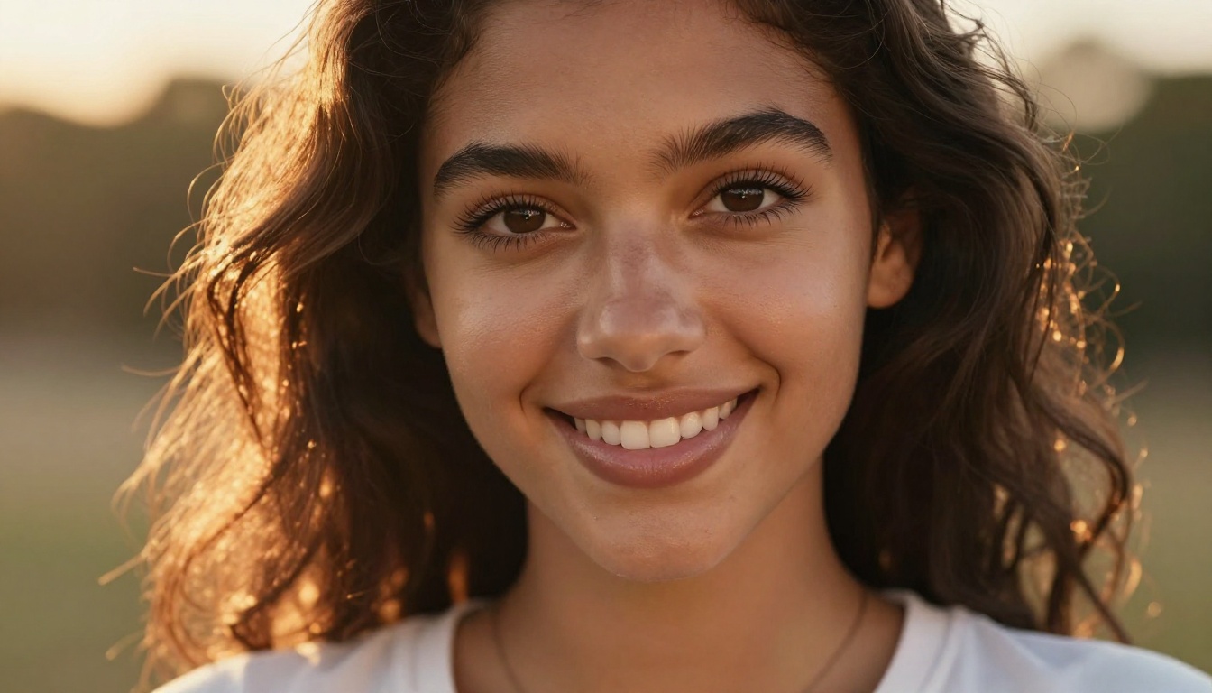 Close-up portrait of a beautiful young woman with honey-brown skin and natural waves looking directly into the camera with a warm smile Close-up portrait of a beautiful young woman with honey-brown skin and natural waves looking directly into the camera with a warm smile