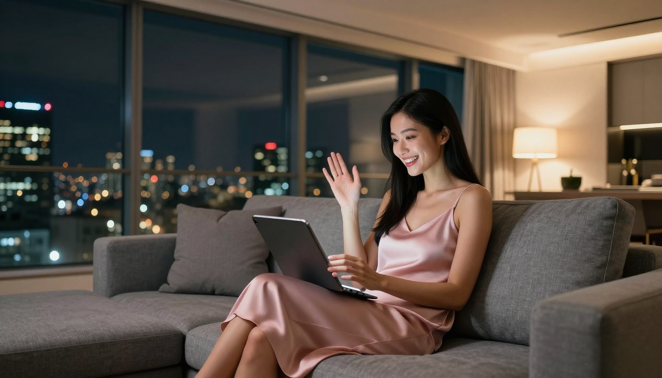 Beautiful Japanese woman in a pink silk dress sitting on a grey sectional sofa, delightedly using her tablet with a nighttime city skyline in the background Beautiful Japanese woman in a pink silk dress sitting on a grey sectional sofa, delightedly using her tablet with a nighttime city skyline in the background