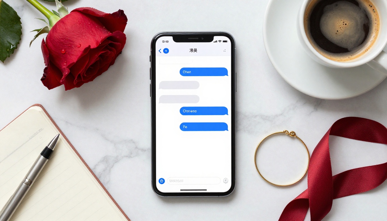 Overhead flat-lay of a smartphone on white marble with chat interface, a red rose with water droplets, espresso cup, and gold bracelet Overhead flat-lay of a smartphone on white marble with chat interface, a red rose with water droplets, espresso cup, and gold bracelet