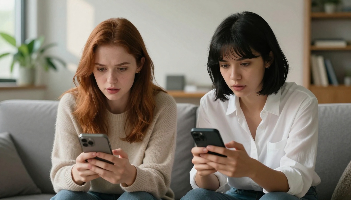 Two women comparing AI companion apps side by side on their smartphones