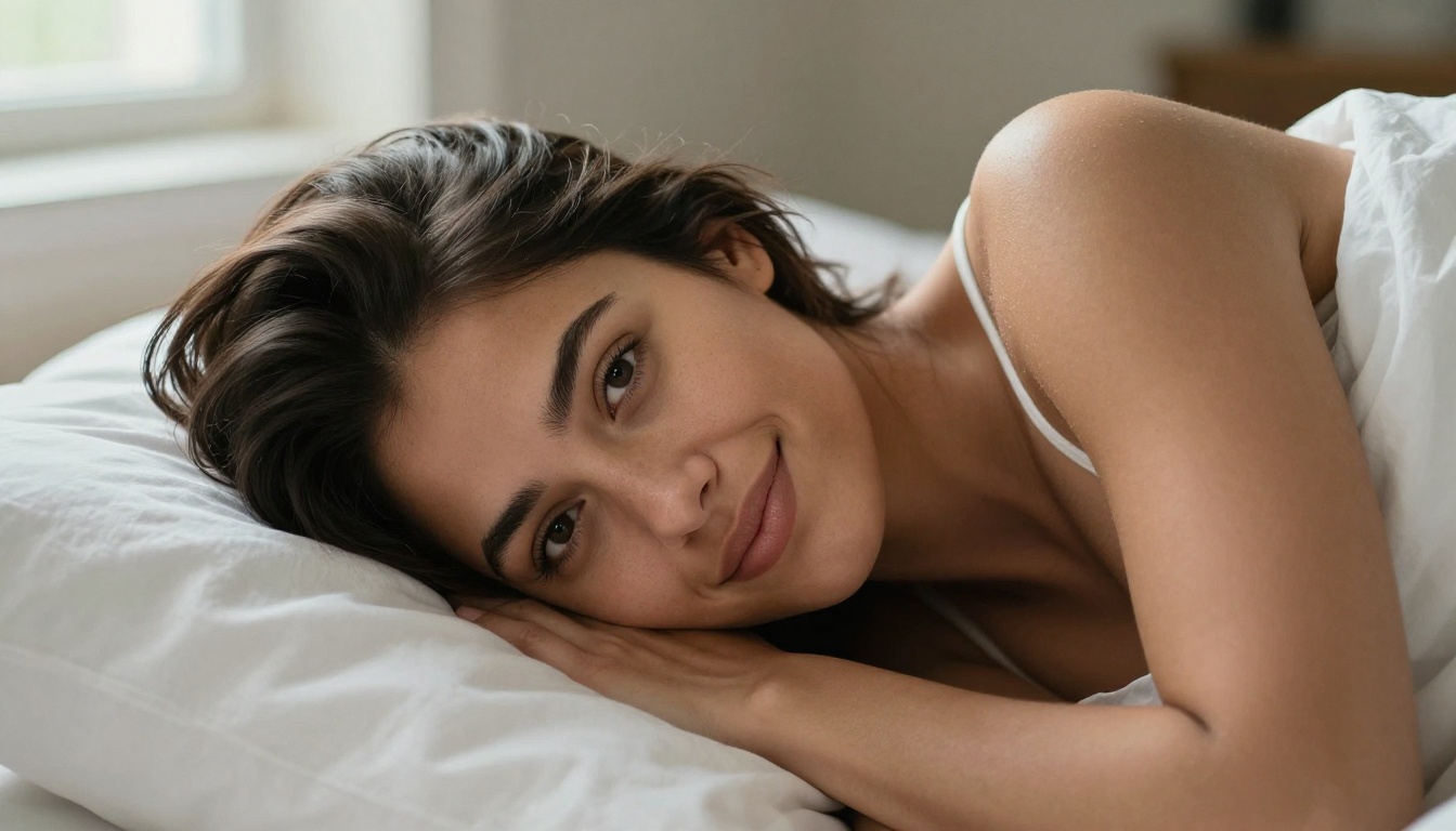 Latina woman lying on bed holding phone with a warm intimate smile
