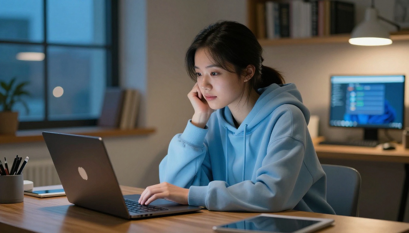 Asian woman sitting at desk using AI companion platform on laptop