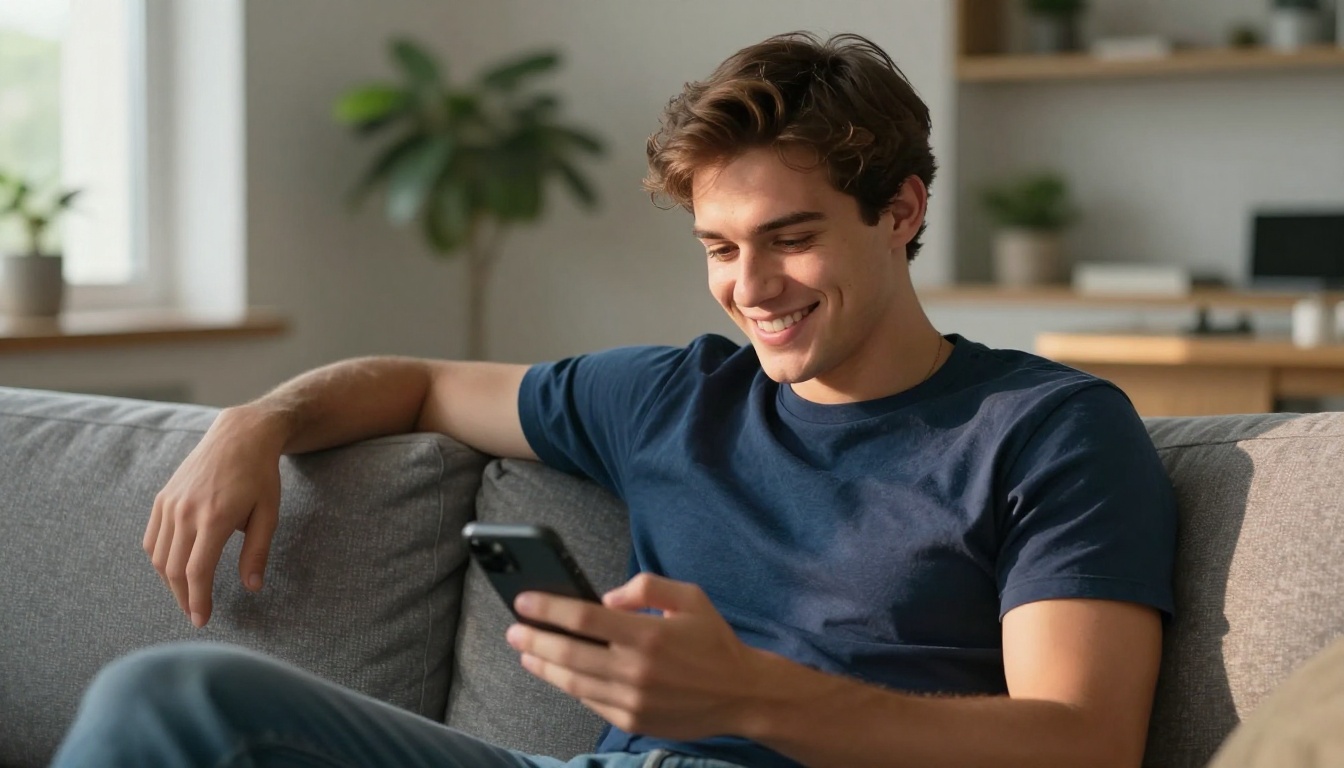 Young man relaxing on modern sofa enjoying a warm conversation on his phone