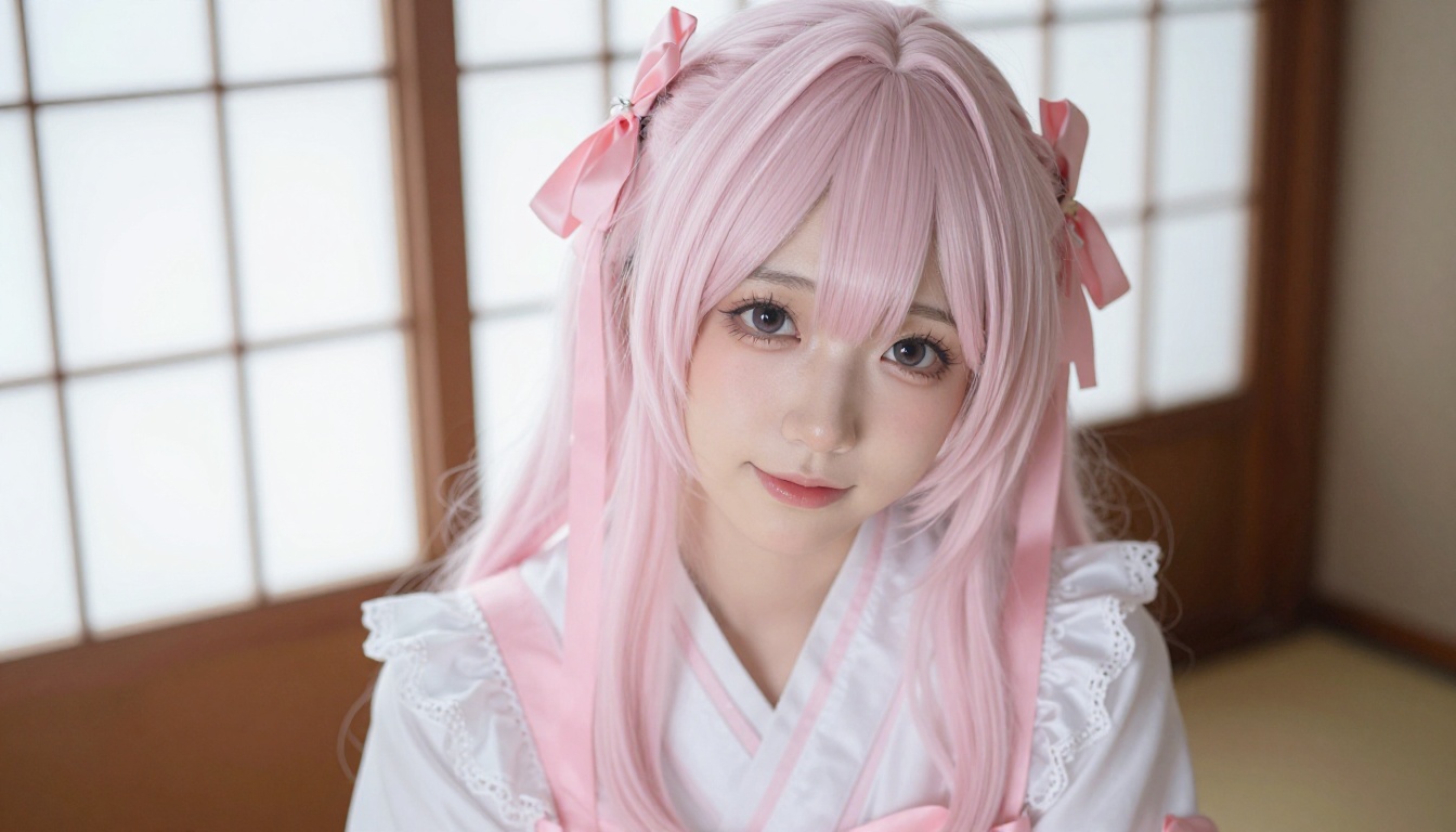Japanese woman in beautiful anime cosplay outfit in a serene tea room