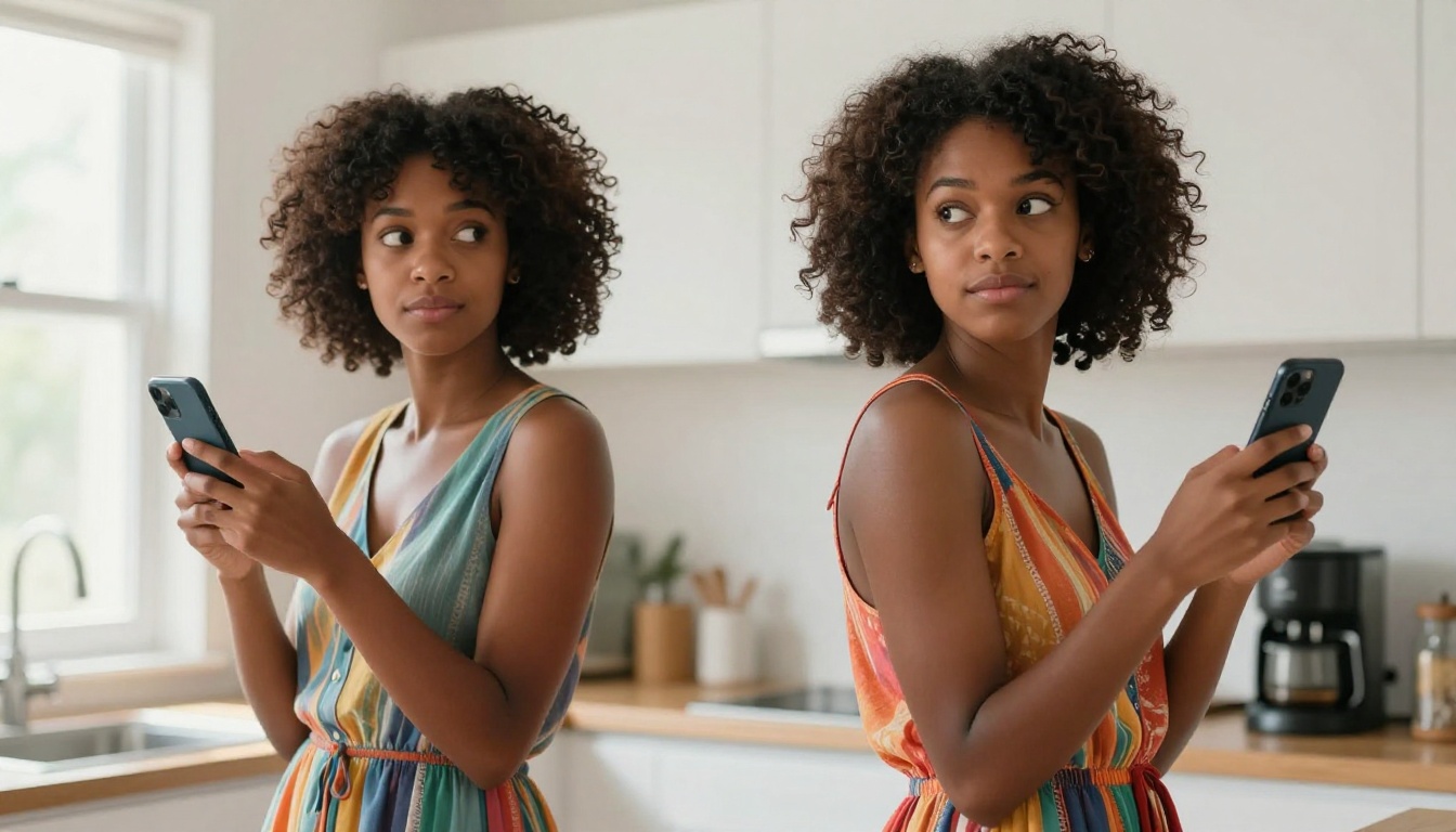 African American woman confidently holding two phones comparing AI companion apps