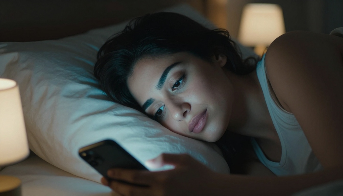Middle Eastern woman lying in bed at night, face softly illuminated by phone screen