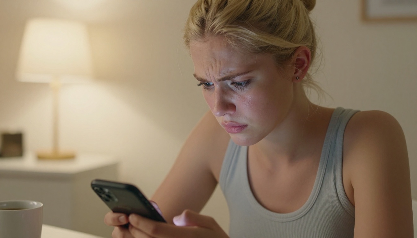Frustrated user staring at a restricted chat app on her smartphone