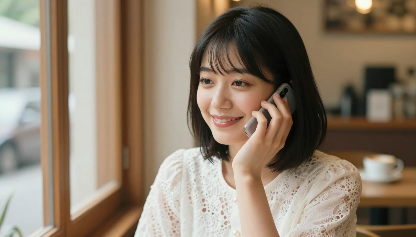 A happy woman at a cafe, engaged in a free and open AI conversation on her phone