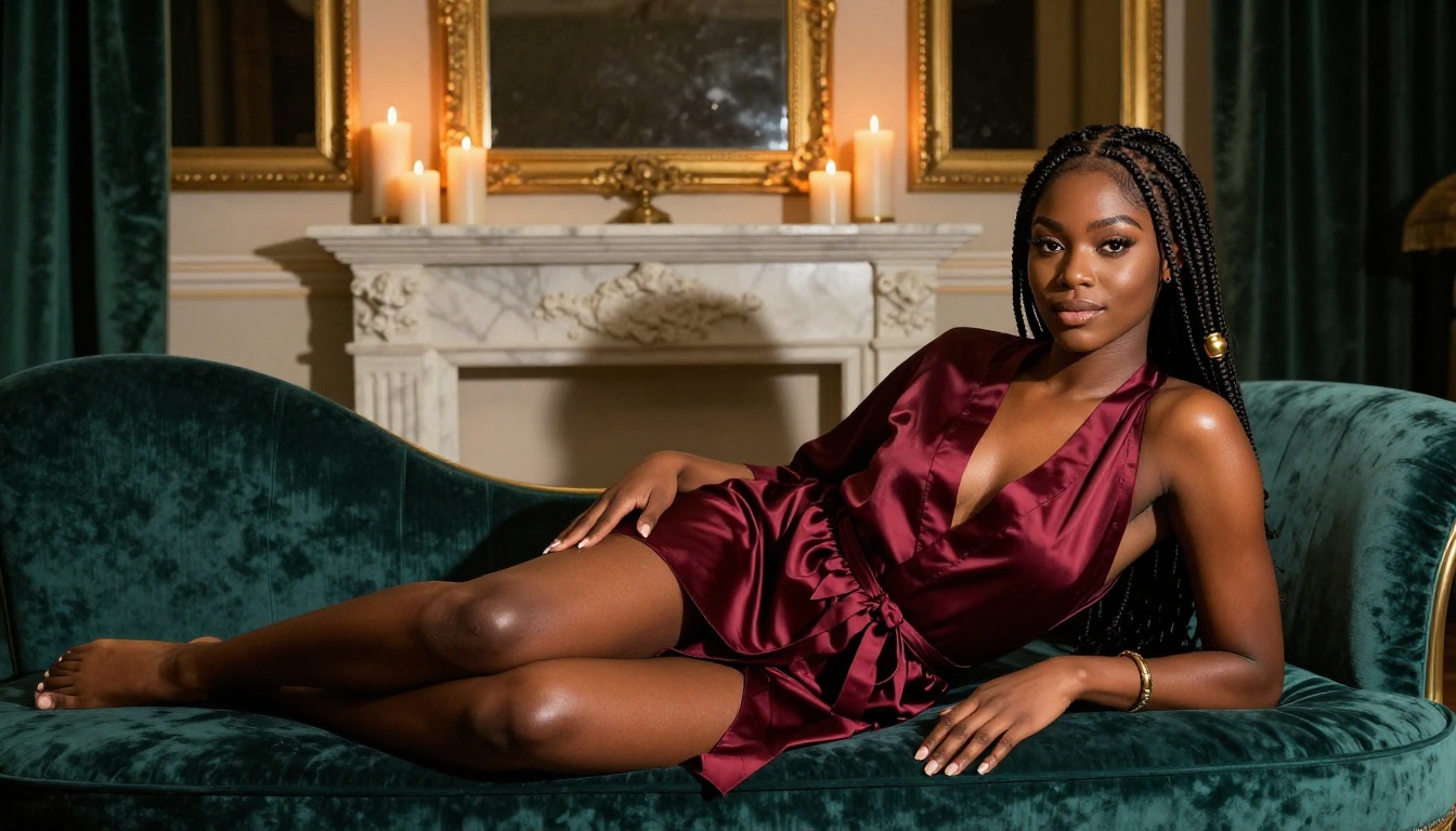 A confident, beautiful woman relaxing in a sophisticated setting, representing the freedom of uncensored AI companionship