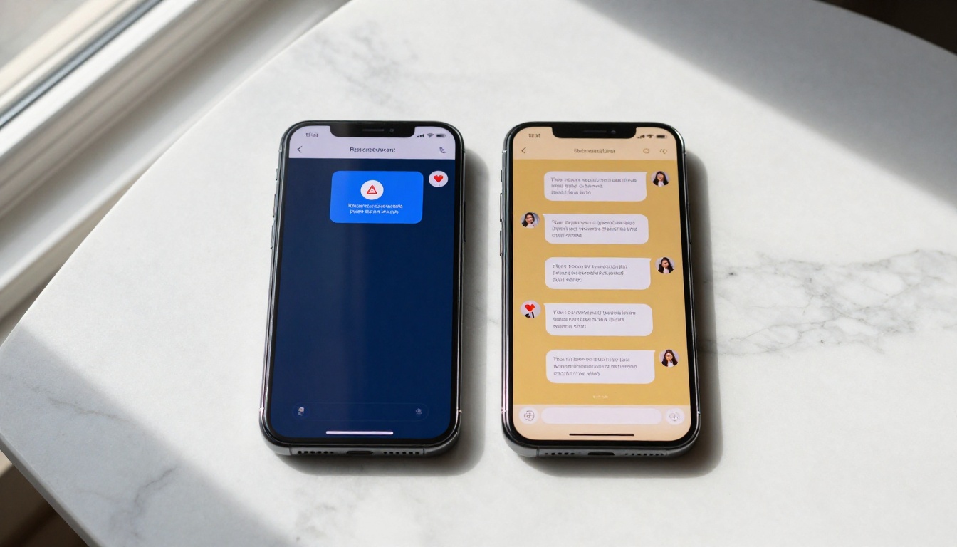 Two smartphones showing the contrast between a restricted chat app and a free, open AI companion platform