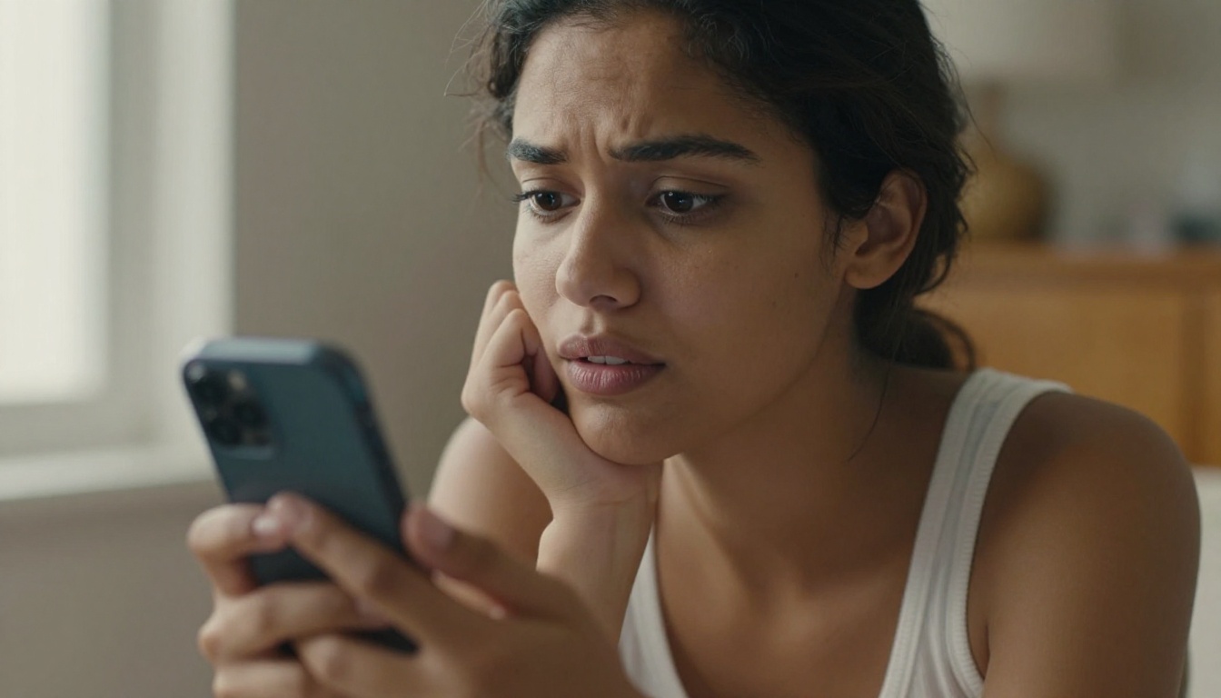 A young woman looking at her phone with a frustrated, curious expression in soft natural light