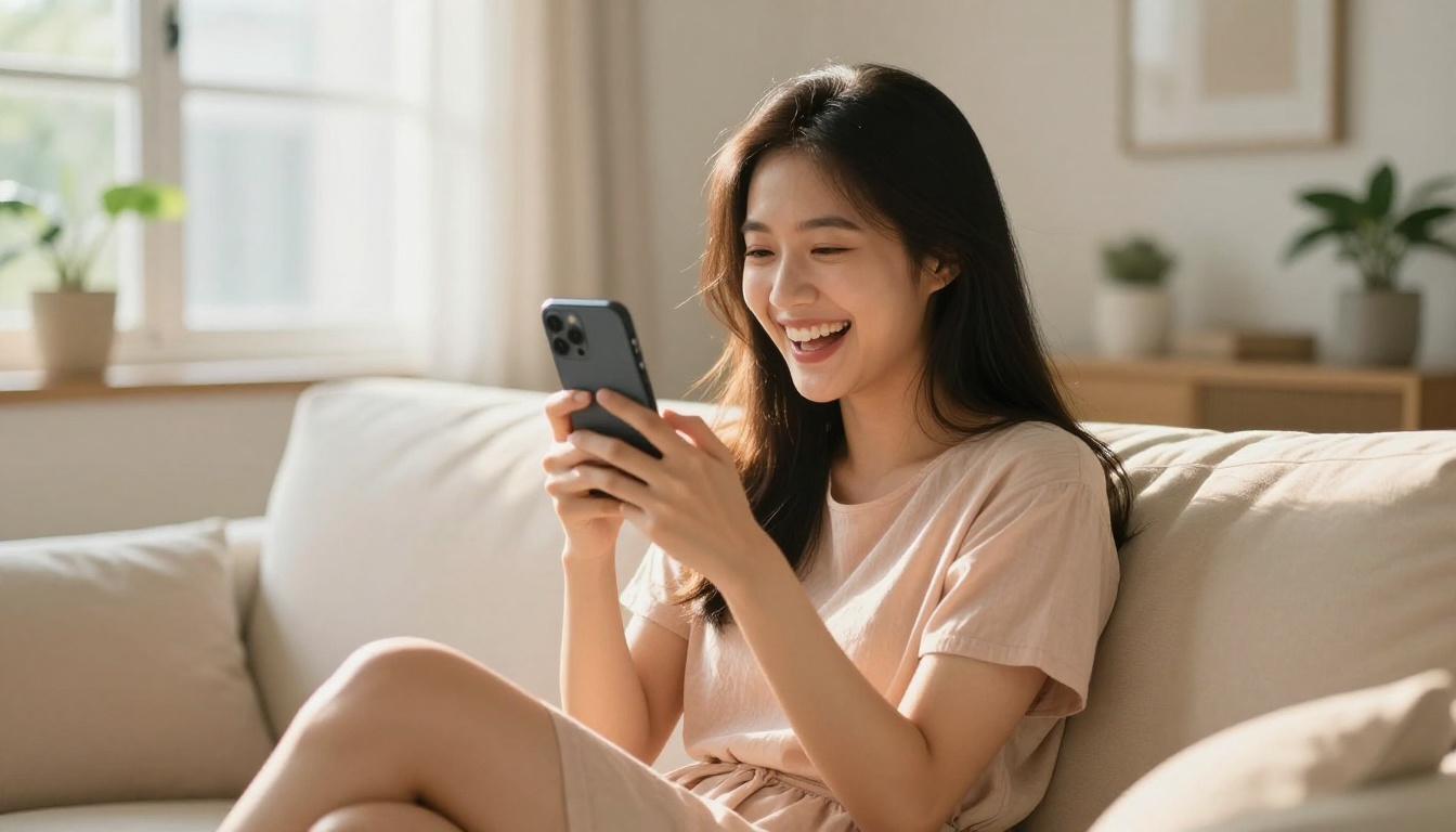 A beautiful Asian woman laughing naturally while using her phone on a cozy couch, warm afternoon sunlight around her
