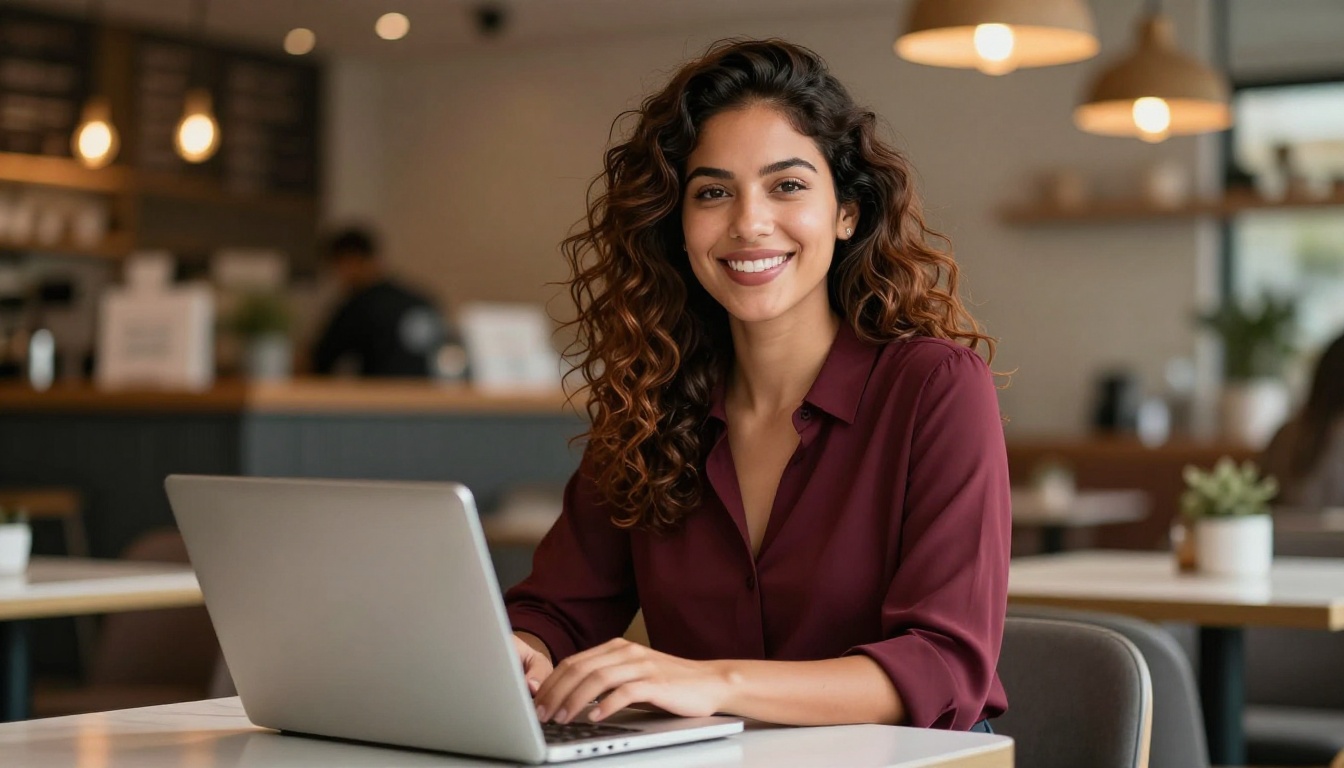A confident Latina woman at a cafe with her laptop, looking directly at the camera with an open inviting smile