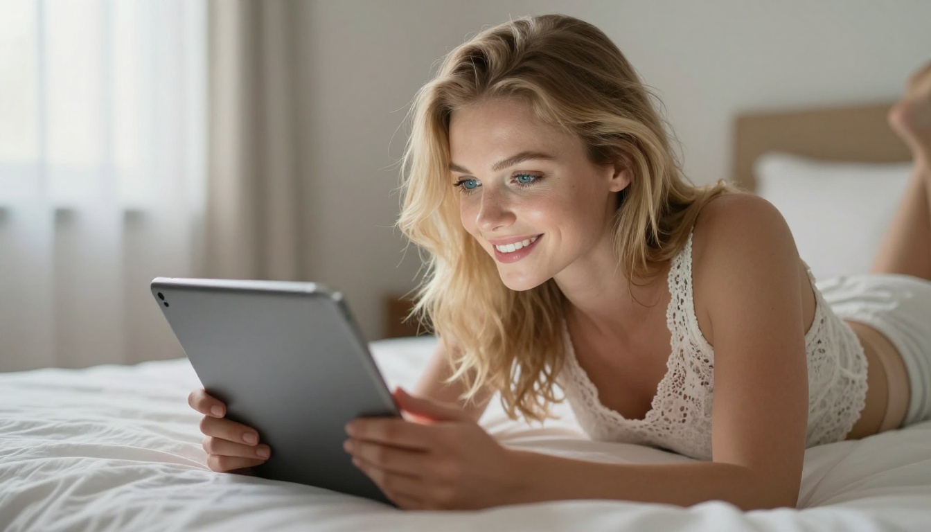 A beautiful blonde European woman lying on her bed with a warm intimate smile while using a tablet in soft morning light