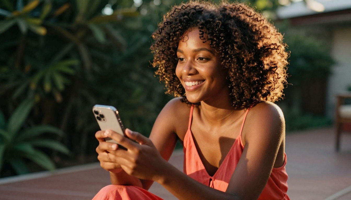 A woman of African descent sitting outdoors in golden hour light, wide genuine smile and bright eyes, smartphone in hand