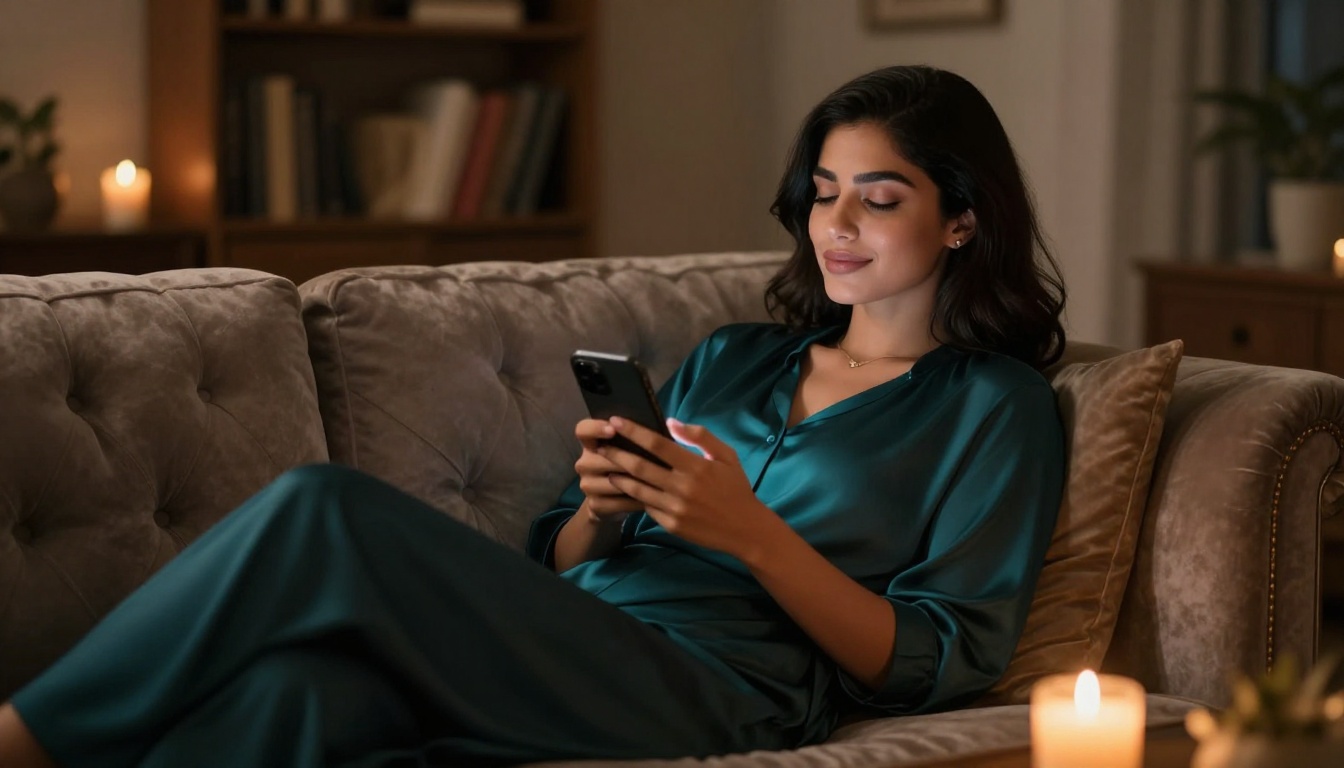 A beautiful Middle Eastern woman reclining on a velvet sofa, eyes closed with peaceful contentment, phone held to her chest