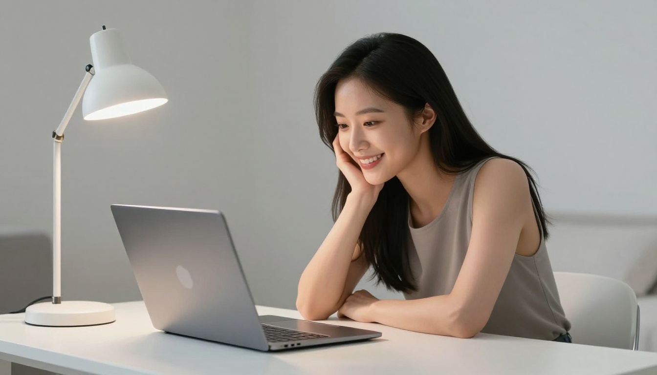 A young Korean woman at a minimalist white desk leaning toward her laptop screen with a warm genuine smile of delight