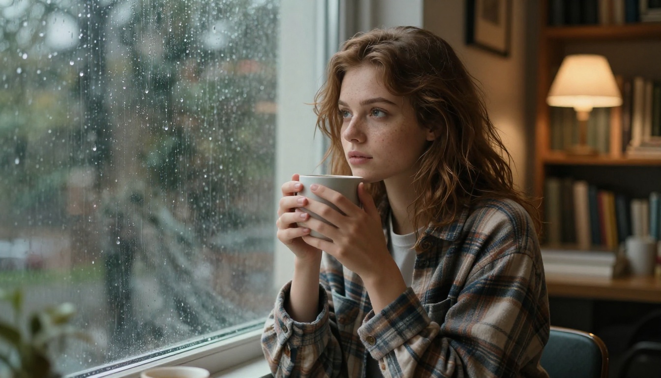A woman with auburn hair and freckles sitting by a rain-streaked window with a dreamy contemplative expression, holding a cup of tea