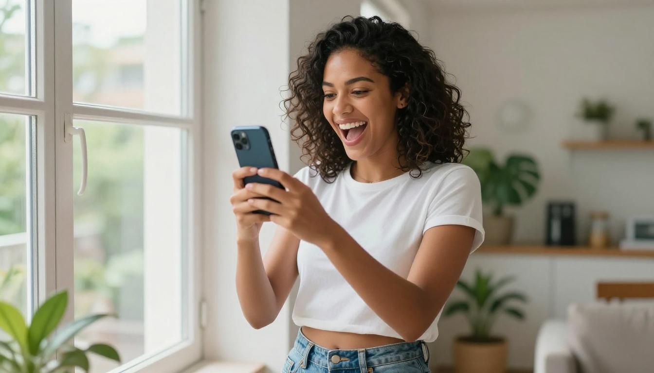 A vibrant Latina woman holding up her phone with an excited laughing expression, standing near a bright apartment window