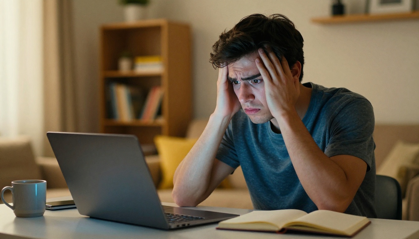 Frustrated man staring at laptop screen in disbelief