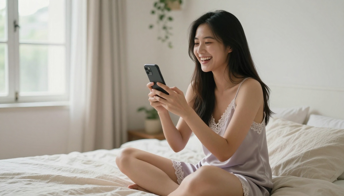 Asian woman laughing at phone on bed