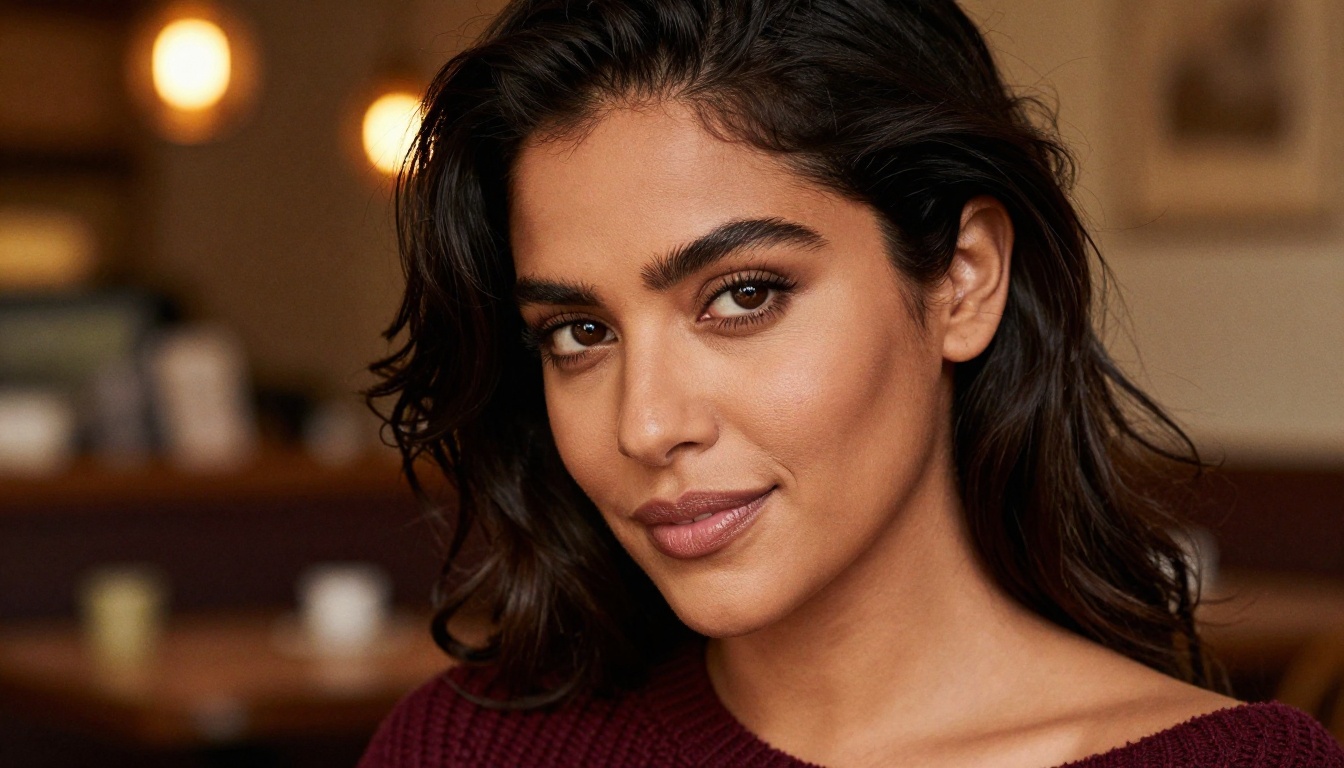 Latina woman portrait warm cafe light