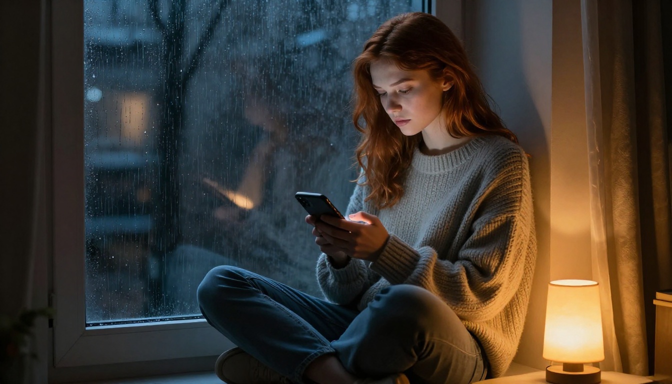 Young woman typing on phone by rainy window at night