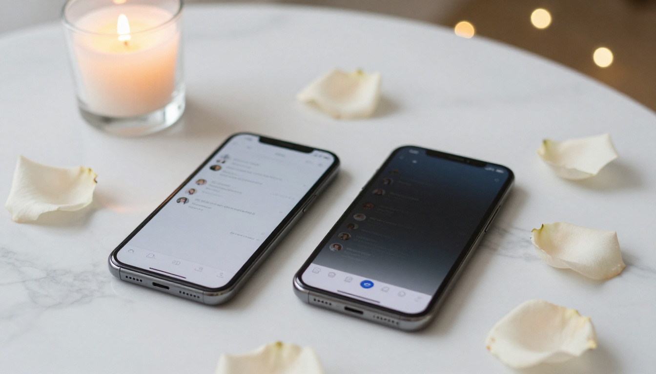 Smartphones with rose petals flat lay