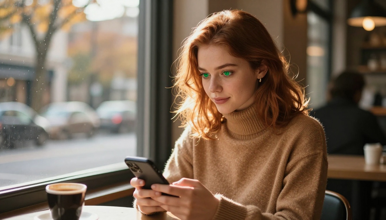 European woman at coffee shop window