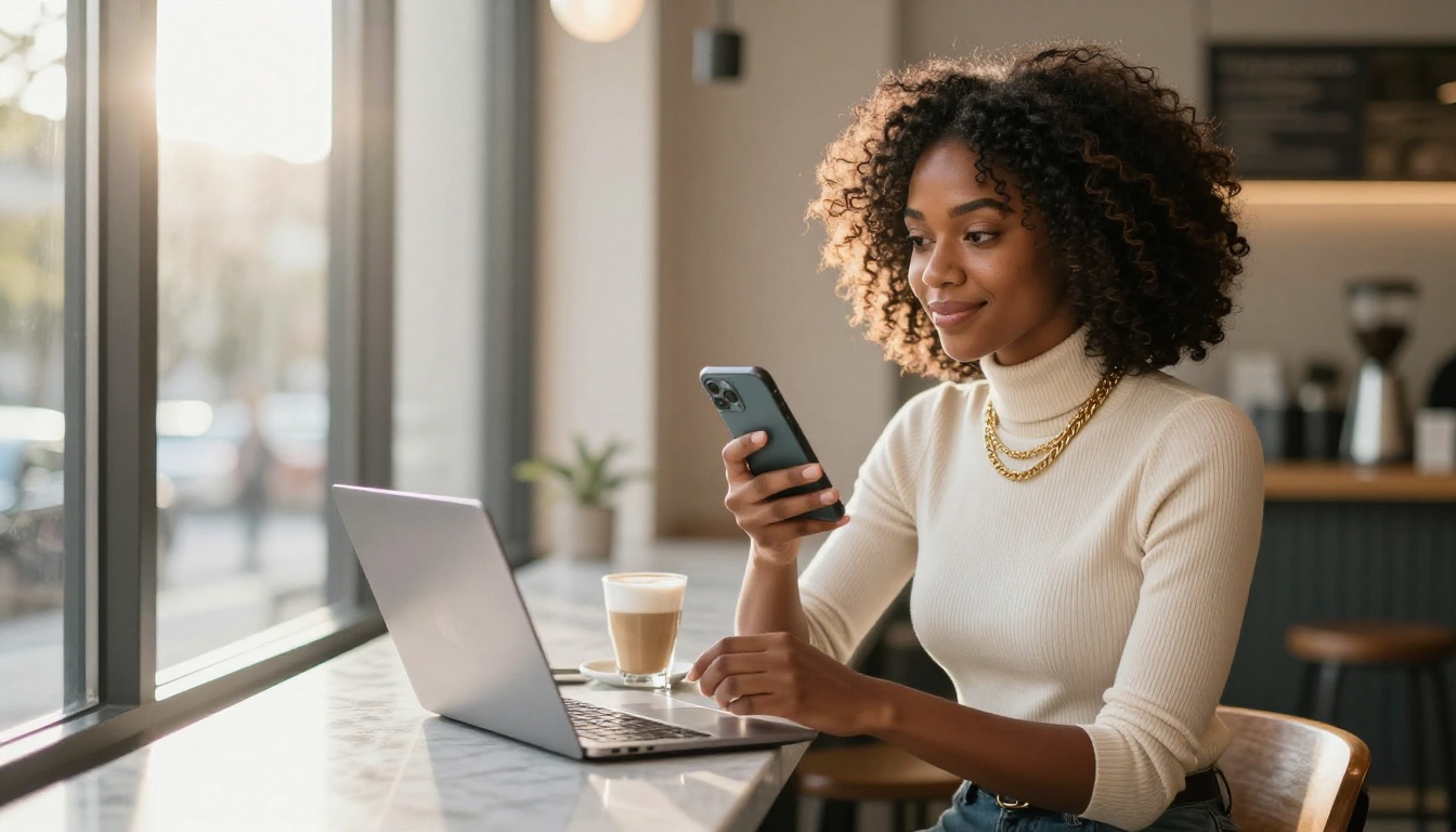 African American woman at café counter with latte
